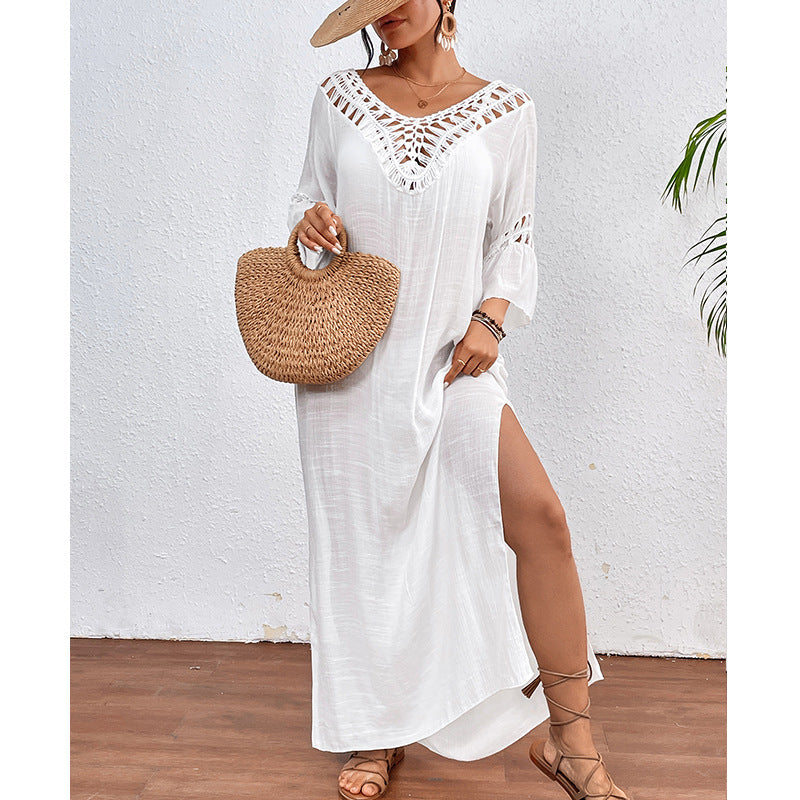 Ropa de mujer de ganchillo a mano, costura, bola colorida, sexy, calada, con espalda descubierta, suelta, larga, para la playa