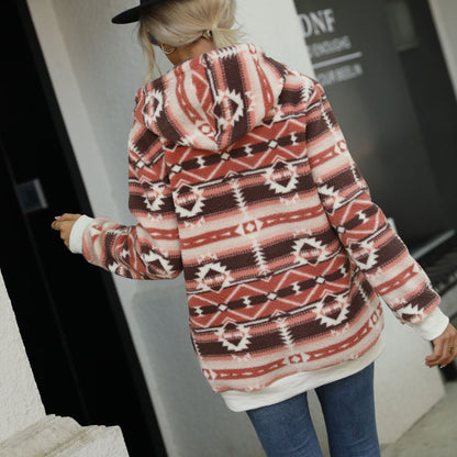 Casual Women's Autumn Clothing Pullover Hooded Fleece Lined Long Sleeve Loose Christmas Pattern Printed Zipper - Wanita Store
