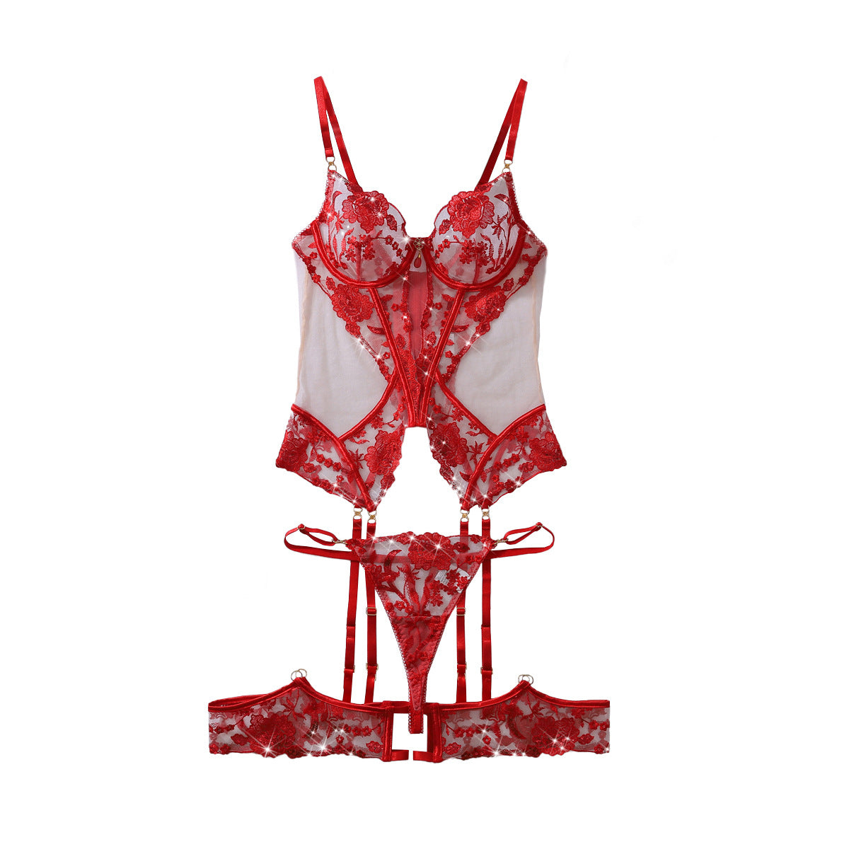 Gem Decoration Heavy Craft Rose Embroidered Slim Shaping Sexy Underwear Split Set