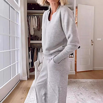 Autumn Casual V neck Long Sleeve Loose Top Wide Leg Pants Two Piece Set - Wanita Store