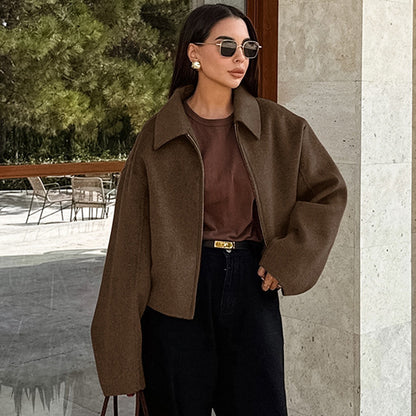 Autumn Winter Polo Collar Long Sleeve Zipper Woolen Coat Loose Casual Women Jacket - Wanita Store