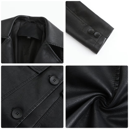 Long Leather Coat Spring Autumn Long Sleeve Leather Wind Coat British Coat Women Collared Single Breasted - Wanita Store