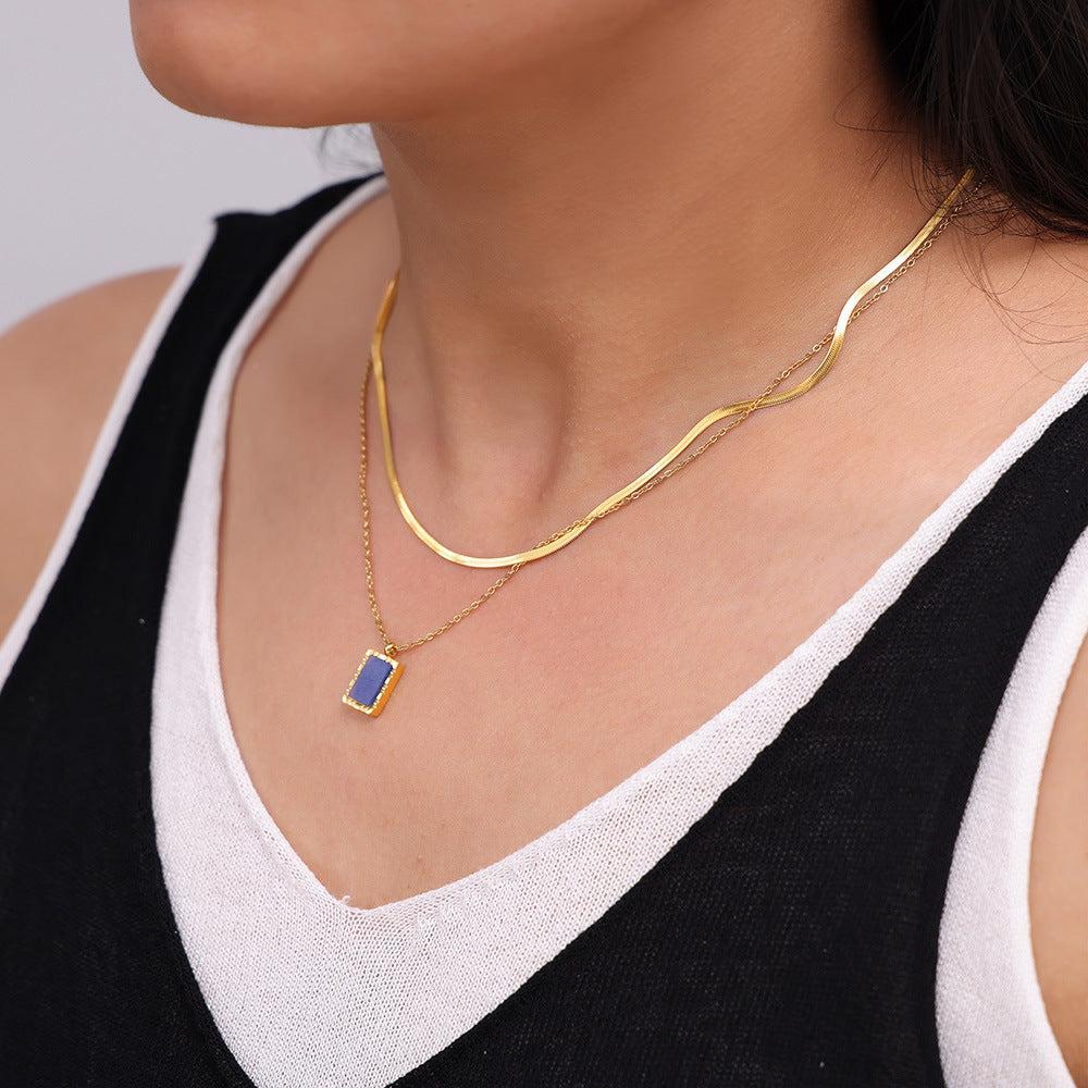 Natural Blue Lapis Lazuli Geometric Abstract Square Plate Clavicle Chain Titanium Steel Plated 18K Gold Stacked Necklace for Women - Wanita Store