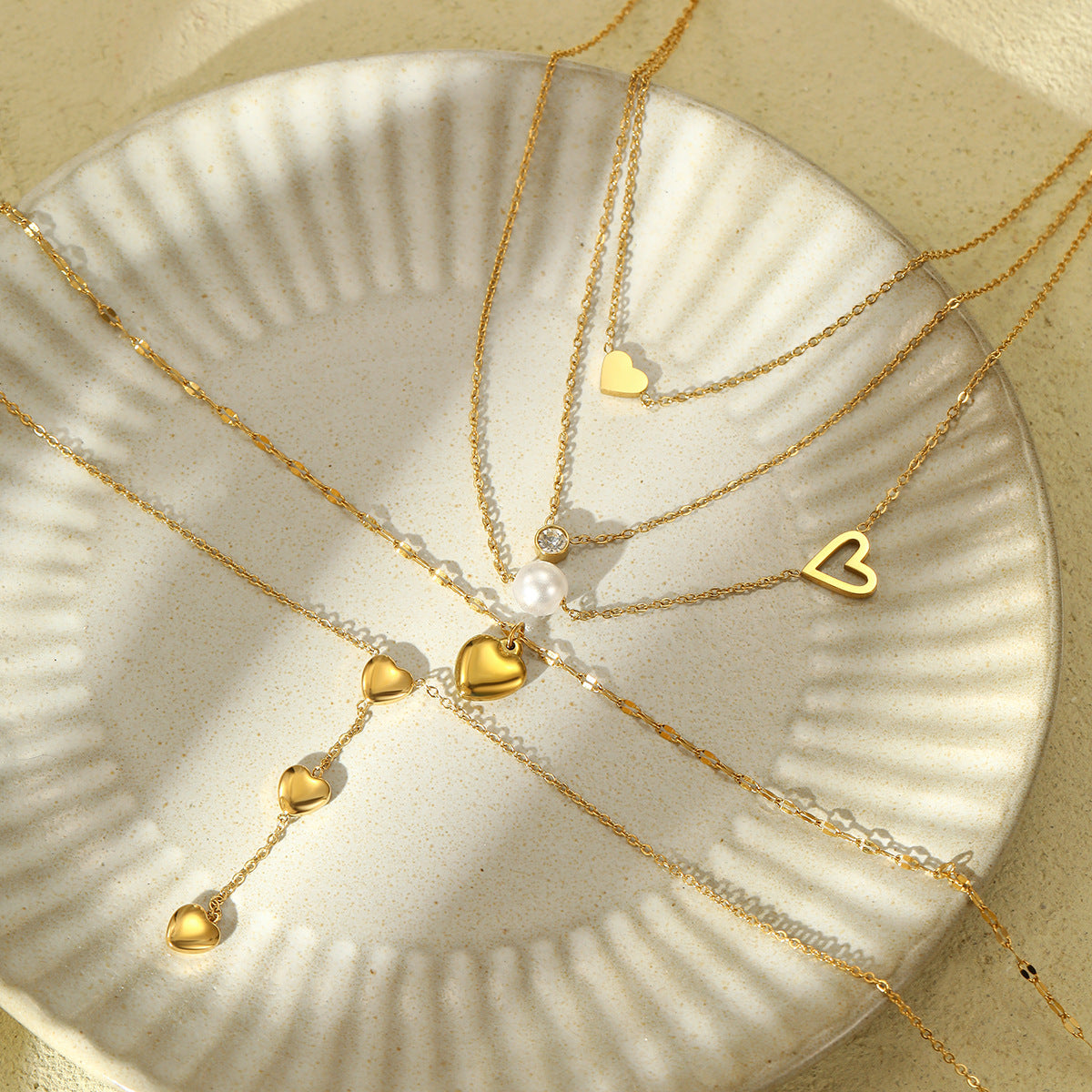 Fashionable Simple 18K Gold Stainless Steel Lovely Pearl Zircon Clavicle Three Chain Twin Necklace for Women - Wanita Store