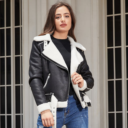 Autumn Winter Faux Shearling Jacket Warm Women Suede Fabric Jacket Leather Clothing Women Belt Turn down Collar Coat Women - Wanita Store