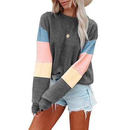 Pullover Sweatshirt Women Spring Autumn Round Neck Long Sleeve Contrast Color Long Sleeve T Shirt Women - Wanita Store