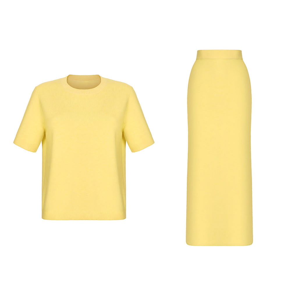 Pullover Short Sleeve Skirt Set Summer Knitting Solid Color Simple Set