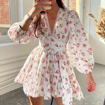 Autumn Winter Women Clothing Street Casual Floral Midi High Waist Slim V neck Dress - Wanita Store