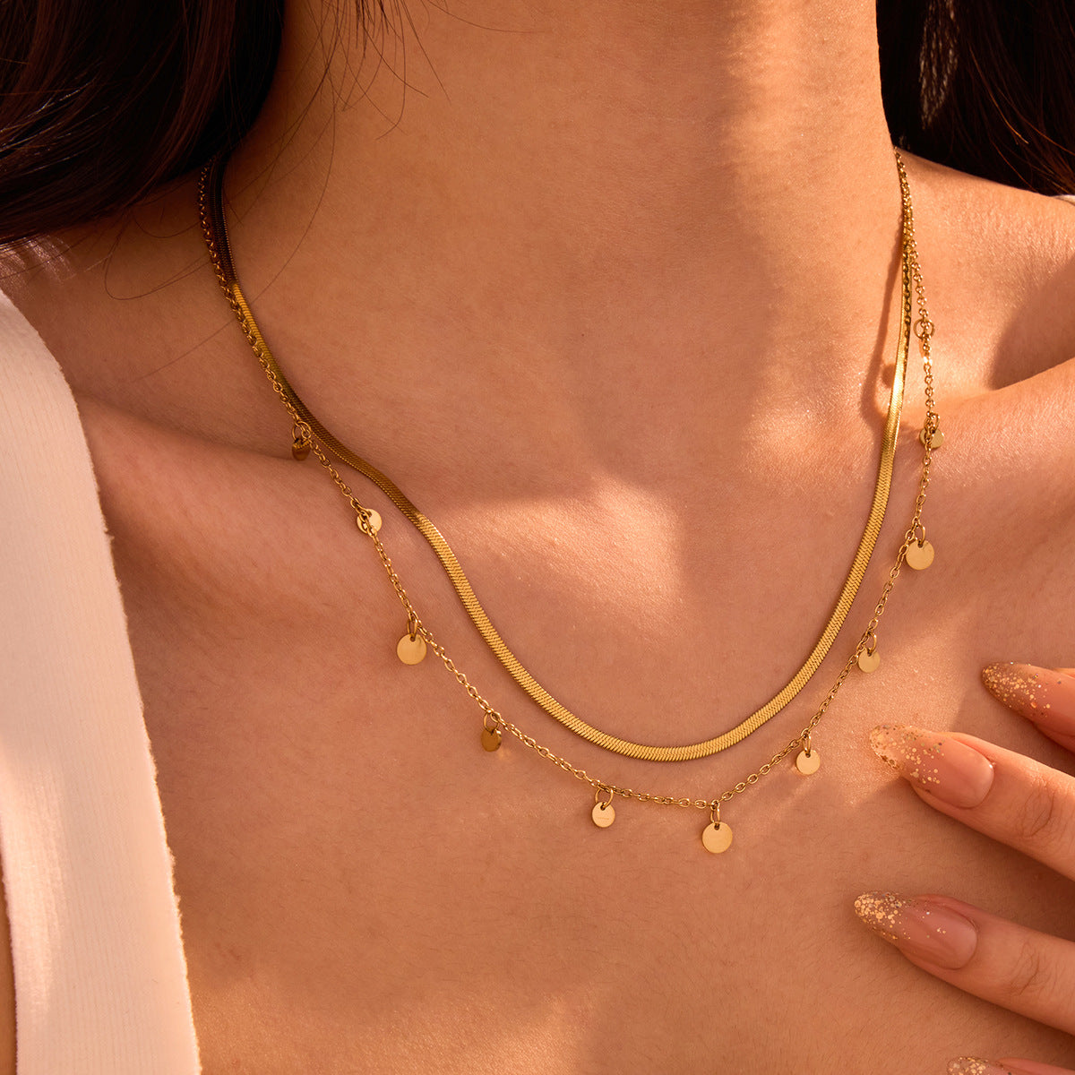 All Matching Stainless Steel Necklace for Girls Non Fading Tassle Chain 18K Double City Hollow Out Cutout out Twin - Wanita Store