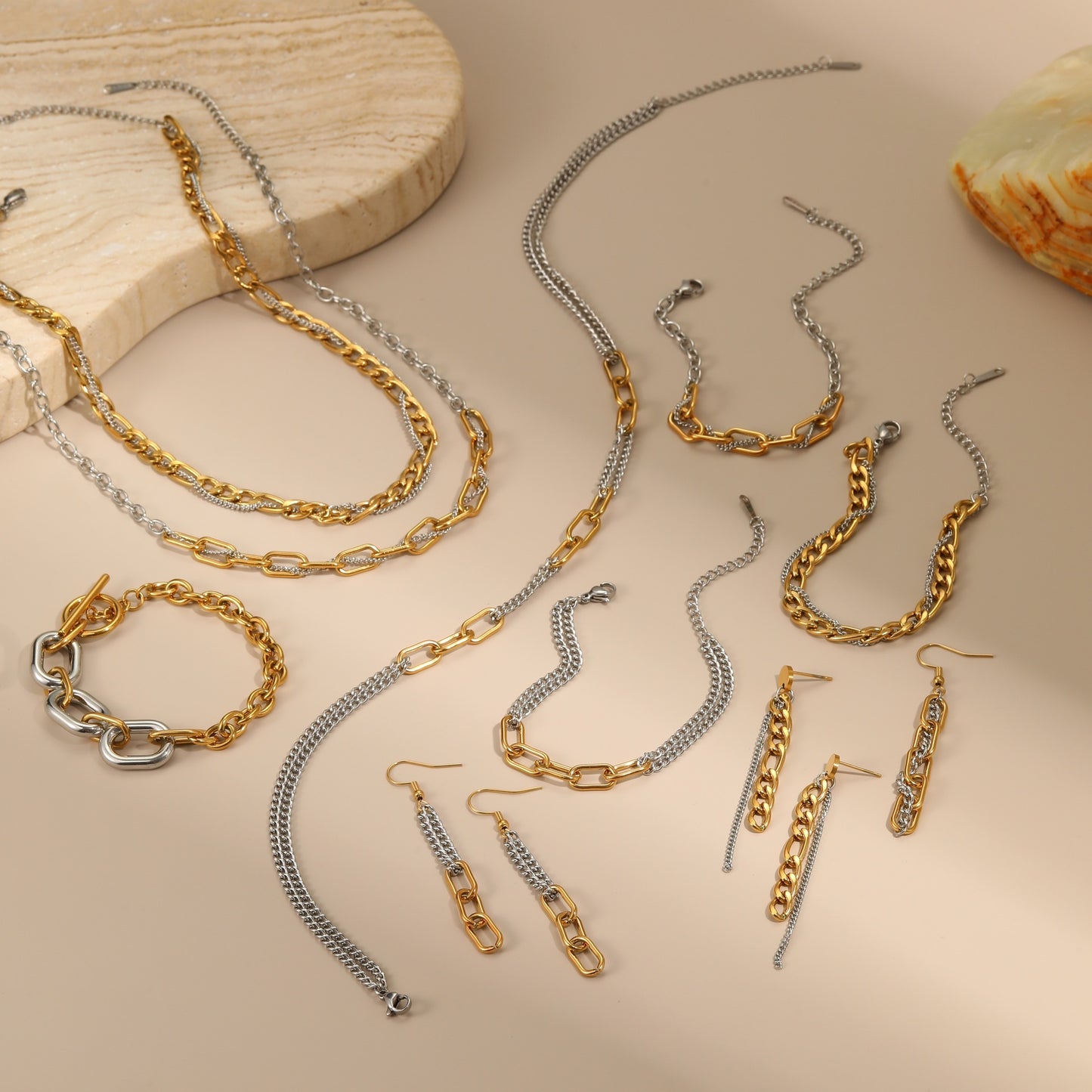 Gold Silver Color Matching Chain Design Stainless Steel Earrings Necklace Titanium Steel Bracelet Ornament - Wanita Store