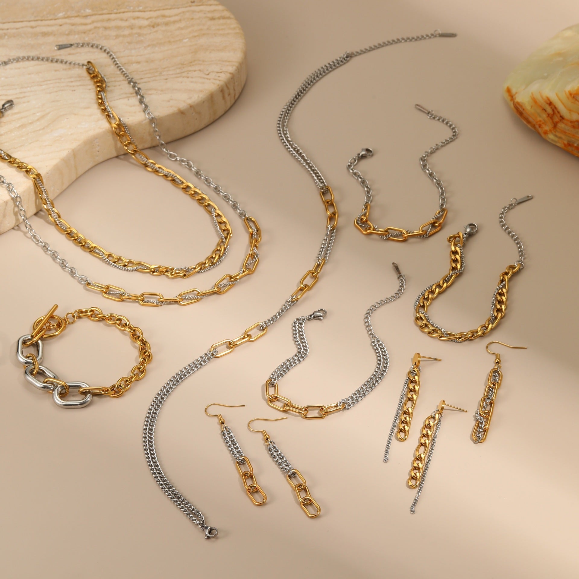 Gold Silver Color Matching Chain Design Stainless Steel Earrings Necklace Titanium Steel Bracelet Ornament - Wanita Store