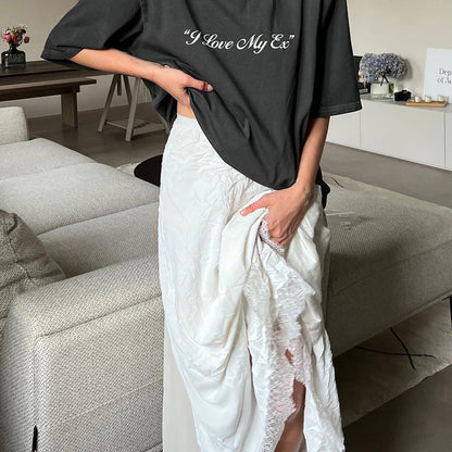 Autumn Slimming Elastic Waist A Line Skirt Pleated Irregular Asymmetric Mid Length Lace Stitching Skirt - Wanita Store