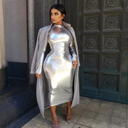Women Clothing Metallic Coated Fabric Turtleneck Long Sleeve Waist Slimming Sheath Mid Length Dress Women - Wanita Store