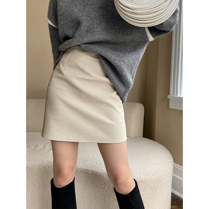 French Fashionable Simple High Waist Half Length A line Leather Skirt Short Skirt Hip Skirt Autumn Winter - Wanita Store