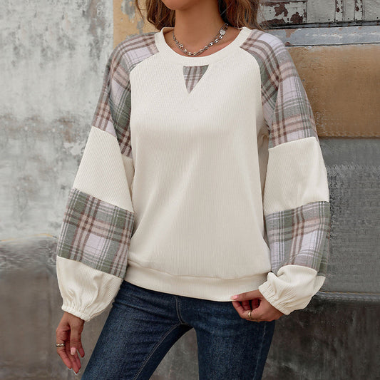 Casual Top Loose Plaid Colorblock round Neck Sweatshirt