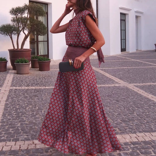 Spring Summer Satin Printed Sleeveless Loose Vacation Skirt Two Piece Set