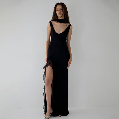 Summer Elegant Ribbon Women Dress Sexy Backless High Slit Ruffled Slim Dress - Wanita Store