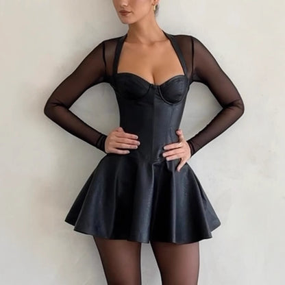 Spring Summer Long Sleeve Stitching Chest Wrapped Dress Casual Stretch Zipper Dress - Wanita Store