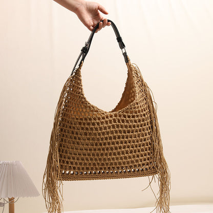 Tassel Shoulder Straw Bag Hollow Out Cutout Woven Bag Seaside Vacation Beach Bag Large Capacity Straw Bag - Wanita Store