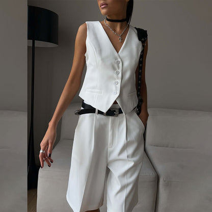 Vest Jacket Spring Summer V neck Single Breasted Vest Straight Shorts Set - Wanita Store