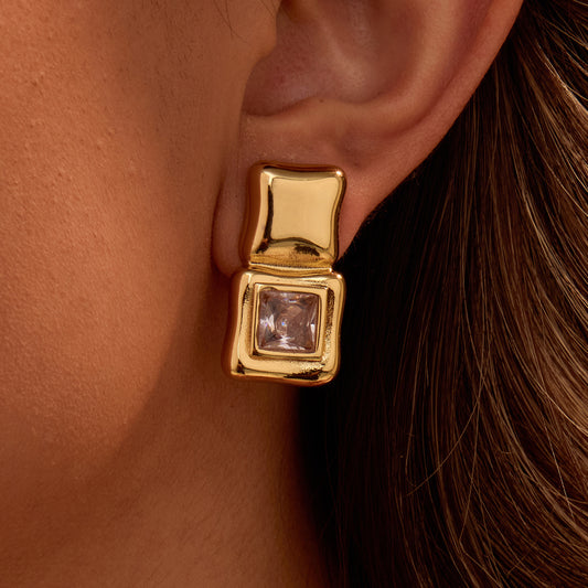 Geometric Abstract Square Crystal Sugar Large Zircon Stainless Steel Earrings Vacuum Plating 18K Gold Advanced Ear Rings - Wanita Store