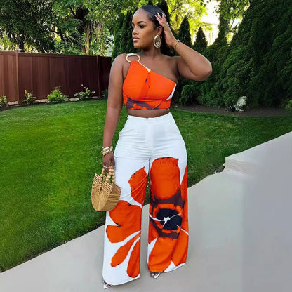 Printed Shoulder Slim Fit Wide Legged Pants Two Piece Set - Wanita Store