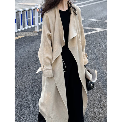 Chinese National below the Knee Trench Coat Women Mid Length Spring Drawstring Cotton Linen Coat - Wanita Store