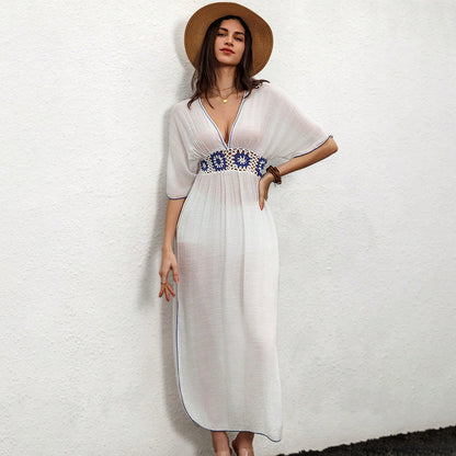 Robe d'été unie tricotée brodée vacances plage pare-soleil femme