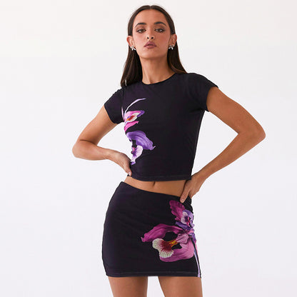 Women Clothing Summer Short Sleeved Printed Hip Skirt Set Women High Grade Suit Two Piece Skirt - Wanita Store