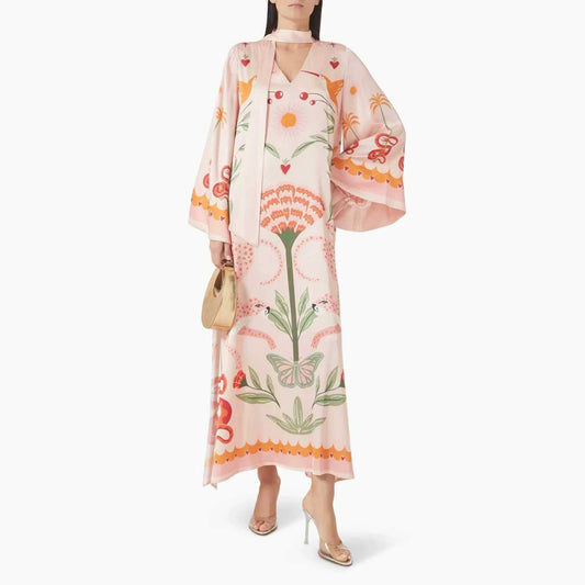 Spring Summer Satin Positioning Printed Dress Loose Streamer Long Sleeve Dress