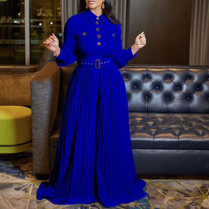 Belt Women Clothing Spring Summer Long Sleeve Casual Loose Pleated Wide Leg Jumpsuit - Wanita Store
