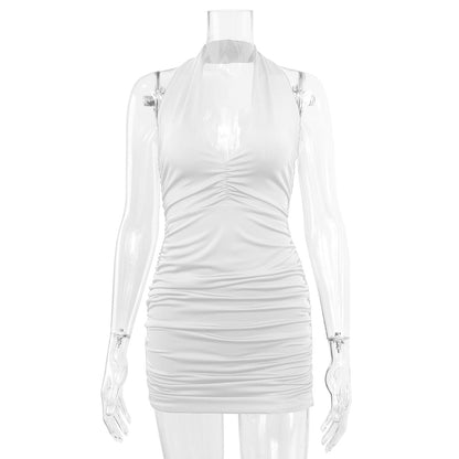 Summer New Women Clothing V-neck Halter Backless off-Shoulder Sexy Minimalist Pleated Dress - Wanita Store