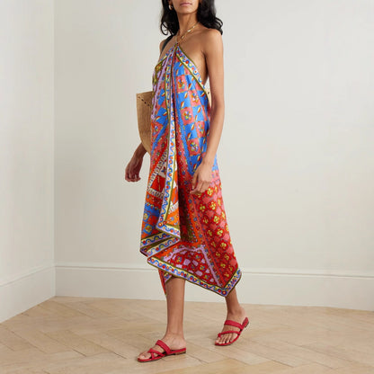 Sexy Positioning Printing Satin Backless Halter Dress Women - Wanita Store