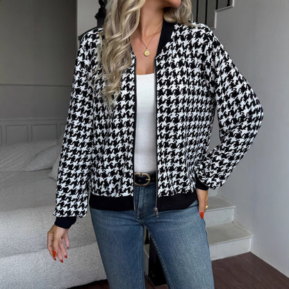 Autumn Zipper Houndstooth Jacket Loose Slim Fit Casual Shacket Women - Wanita Store