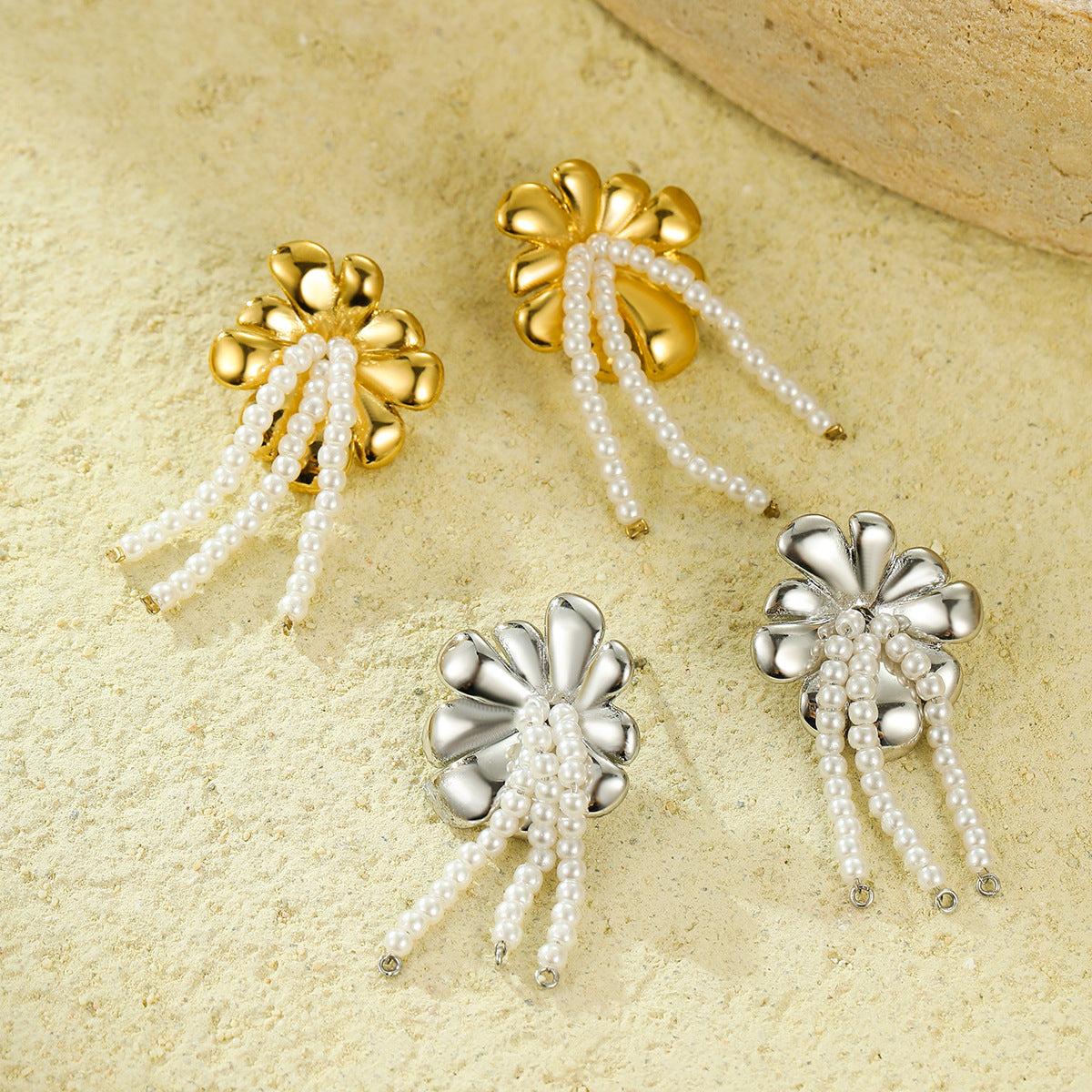 All Match Fashionable Stainless Steel Floral Pearl Tassel Titanium Steel Gold Plated Stud Earrings for Women - Wanita Store