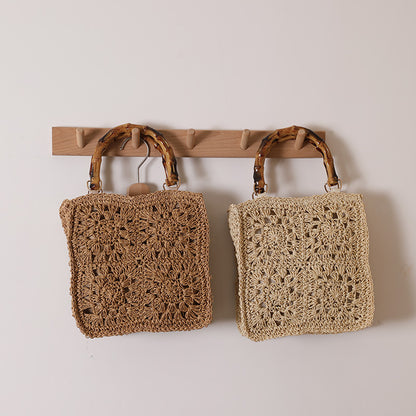 Bamboo Handle Straw Bag Paper String Square Crocheted Women Bag Fresh Casual Woven Bag Beach Bag - Wanita Store