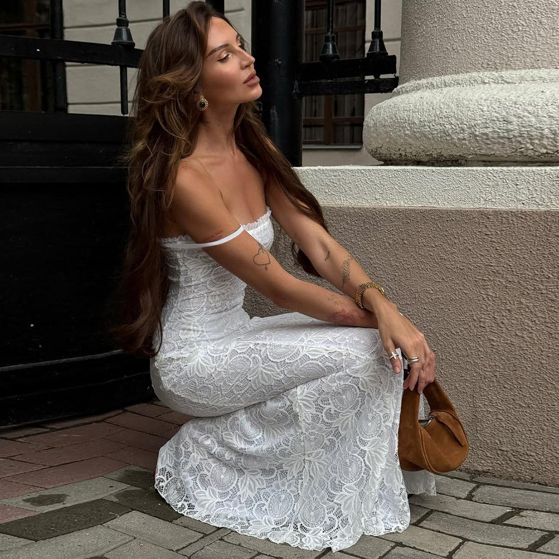 Summer Women Clothing Sexy Solid Color Mesh Stitching Hollow Out Cutout Slim Strap Dress