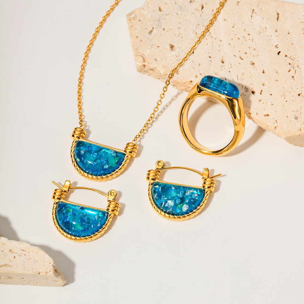 Retro Natural Blue Resin Fan Basket Embellished Necklace Women Accessories - Wanita Store