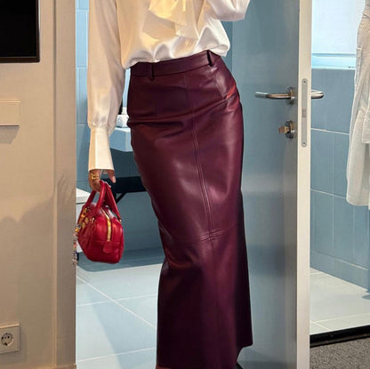 Women Clothing High Waist Split Skirt Women Faux Leather Wine Red Long Sheath Skirt - Wanita Store