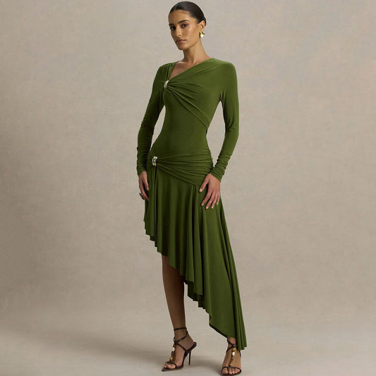 Autumn Winter Graceful Fashionable Women Slim Dress Sexy Pleated Irregular Asymmetric Maxi Dress