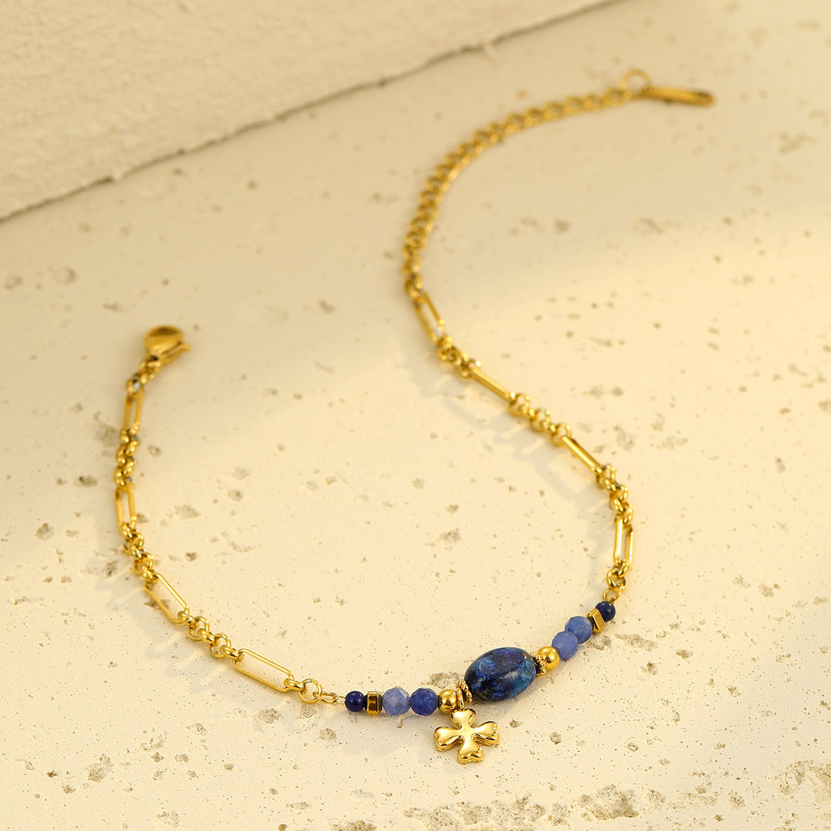 Stainless Steel Natural Stone Lapis Four-Leaf Clover Embellished Bracelet Women Titanium Steel Jewelry - Wanita Store