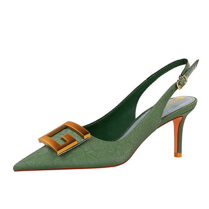Women Shoes Stiletto Heel Shallow Mouth Pointed Toe Hollowed Back Strap Metal Square Buckle Pumps - Wanita Store