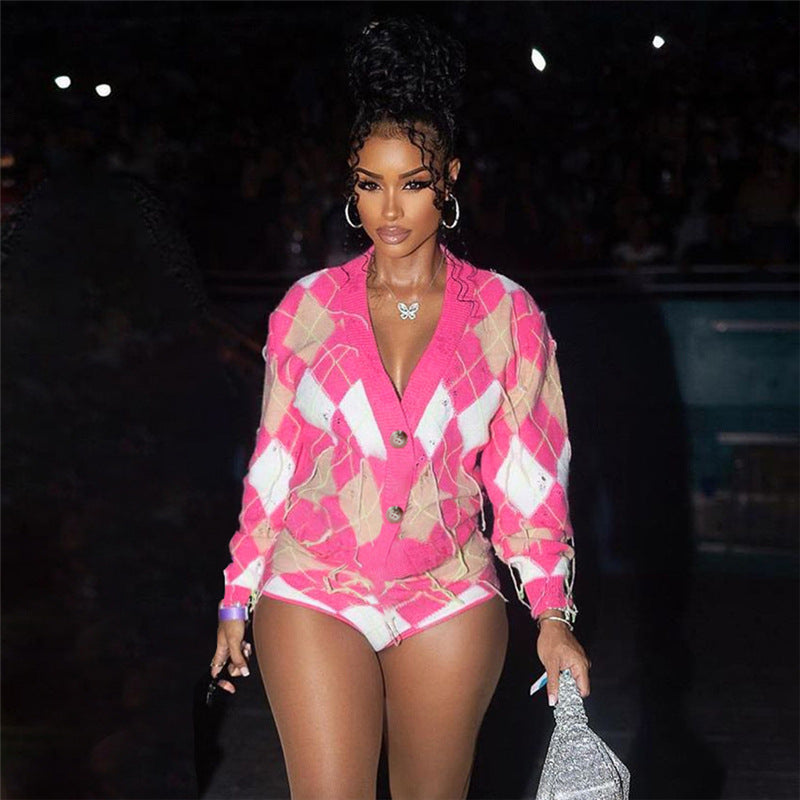 Fall Women Clothing Color Contrast Tassel Coat High Waist Slim Shorts Set for Women