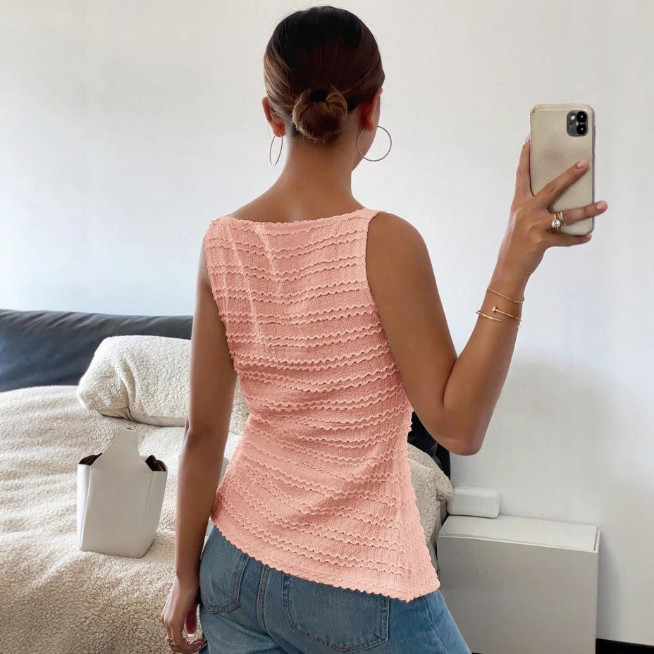 Top de mujer elegante sin mangas, cuello redondo, un solo pecho, chaleco ajustado, color sólido
