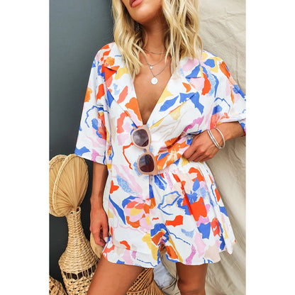 Spring Summer Polo Collar Casual Multi Color Suit Loose Vacation Elastic Waist Two Piece Set - Wanita Store