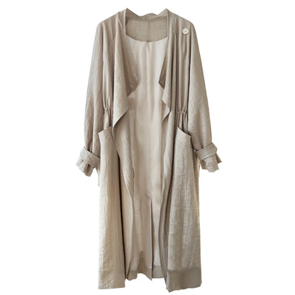 Chinese National below the Knee Trench Coat Women Mid Length Spring Drawstring Cotton Linen Coat - Wanita Store