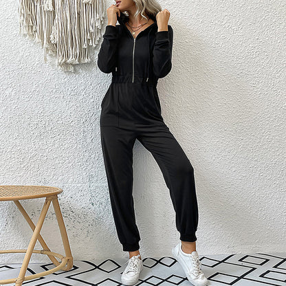 Women Clothing Autumn Winter Hooded Long Sleeved Zipper Hoodie Casual Sports Jumpsuit - Wanita Store