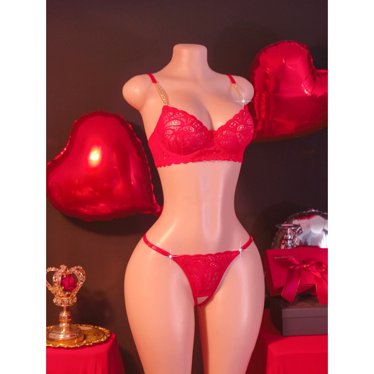 Red Lace Underwear Two Piece Metal Chain Shoulder Strap Sexy Home Wear