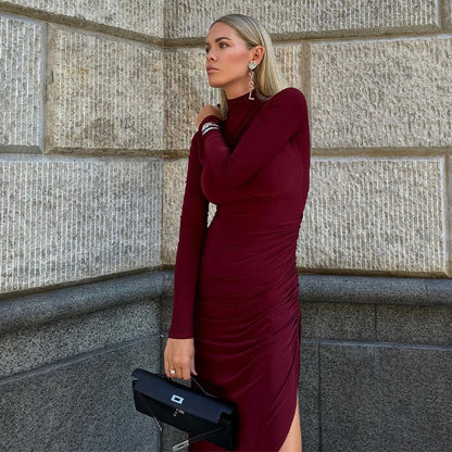 Robe longue pour femme sexy ajustée à manches longues, col semi-montant et fente, couleur unie automne