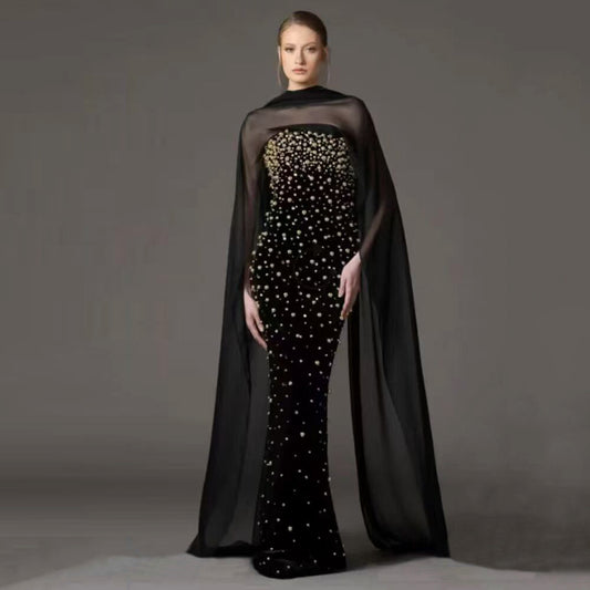 Beads Rhinestones Elegant Shawl Ribbon Tube Top Bandage One Piece Dress Party Dinner Formal Dress